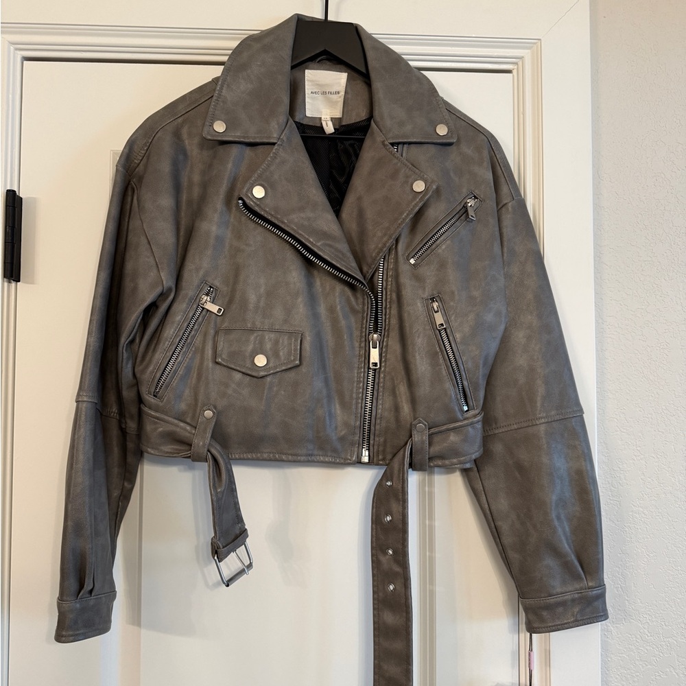 Avec Les Filles Charcoal Leather Biker Jacket